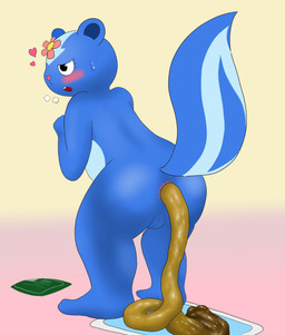 anthro anus big_tail biped black_eyes blue_body blue_fur blush bodily_fluids butt feces feces_in_ass feces_on_ground feces_pile female flower flower_accessory fur genitals heart_symbol nude open_mouth plant pooping pooping_on_floor puppy_pad simple_background solo sweat tail teeth vulva drain_scat happy_tree_friends mondo_media petunia_(htf) mammal mephitid skunk 2024 hi_res
