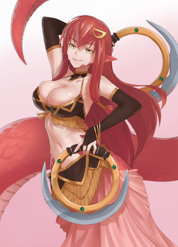 4_fingers accessory amber_eyes apode armwear bedroom_eyes belly_dancing big_breasts bikini bikini_top black_armwear black_clothing black_topwear blade bottomwear bracelet breasts bridal_gauntlets cleavage clothed clothing dual_wielding eyelashes female fingers gold_(metal) gold_jewelry gradient_background hair hair_accessory half-closed_eyes hand_behind_head harem harem_outfit holding_object holding_weapon humanoid_hands humanoid_pointy_ears jewelry legless light_body light_skin long_hair looking_at_viewer monster_girl_(genre) narrowed_eyes navel pink_background pink_bottomwear pink_clothing pointy_ears pose red_body red_hair red_scales scales seductive serpentine simple_background skimpy skirt slim small_waist smile solo split_form swimwear tan_body tan_skin tight_clothing topwear two-piece_swimsuit ventral_scales weapon white_background jiffic monster_musume miia_(monster_musume) animal_humanoid draconcopode humanoid lamia reptile reptile_humanoid scalie scalie_humanoid snake snake_humanoid 2016 digital_media_(artwork) hi_res pinup