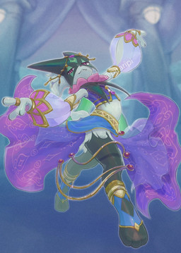 3_fingers anthro armwear belly_dancer black_body black_fur blue_bottomwear blue_clothing blue_skirt bottomwear clothing crop_top female fingers fur gold_(metal) gold_jewelry green_body green_fur green_tail holowear_(pokemon) jewelry midriff multicolored_body multicolored_fur purple_armwear purple_clothing purple_crop_top purple_shirt purple_topwear sash shirt skirt solo tail topwear translucent translucent_clothing pitaripi nintendo pokemon pokemon_unite dancer_style_meowscarada generation_9_pokemon meowscarada pokemon_(species) hi_res