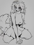 2024 5_fingers anthro bottomwear breasts canid canine clothed clothing digital_media_(artwork) falvie female fingers flower fully_clothed fur grey_background hair hi_res looking_at_viewer mammal monochrome plant signature simple_background skirt solo