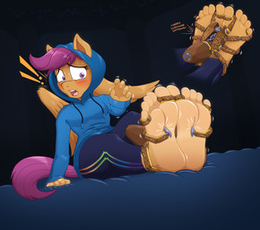5_toes anthro anthrofied barefoot blush bodily_fluids bottomwear bound captured clothed clothing cuff_(restraint) feet female foot_fetish fully_clothed hoodie humanoid_feet pants plantigrade purple_eyes restrained restraints shackles sitting soles solo submissive submissive_female sweat sweatdrop sweatpants tickle_fetish tickle_torture tickling tickling_feet tickling_machine toe_restraints toes topwear wings caroo friendship_is_magic hasbro my_little_pony mythology scootaloo_(mlp) equid equine mammal mythological_creature mythological_equine pegasus hi_res