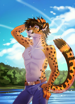 anthro black_hair brown_hair clothed clothing day detailed_background fur hair male markings outside sky smile solo spots spotted_body spotted_fur standing sun topless yellow_eyes imanika cheetah felid feline mammal digital_media_(artwork) shaded