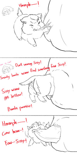 ambiguous_gender bag bite color_coded_text duo eyes_closed feral ill pink_text red_text tail tail_motion tailwag teeth text toddler trash_bag young young_ambiguous young_feral yellowcottoncandy030 fluffy_pony fluffy_pony_(species) mammal 1:2 2025 absurd_res broken_language comic digital_drawing_(artwork) digital_media_(artwork) english_text hi_res brother_(lore) brother_and_sister_(lore) sibling_(lore) sister_(lore)