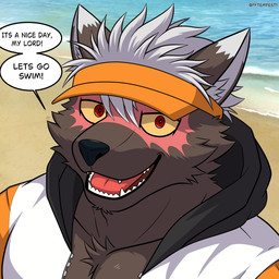 anthro clothing dipstick_ears ear_markings fangs fur grey_body grey_fur hair happy hat headgear headwear jacket male multicolored_ears open_mouth red_eyes smile solo speech_bubble teeth topwear visor_cap white_hair yellow_sclera fftempest lifewonders tokyo_afterschool_summoners tadatomo_(tas) canid mammal hi_res