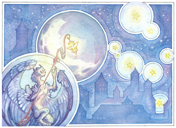 border city cityscape detailed_background feathered_wings feathers lamp lantern night sky solo staff star starry_sky white_border wings drachenmagier mythology avian bird gryphon hybrid mythological_avian mythological_creature owl sodium_butterfly 2016 blue_theme restricted_palette