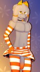 anthro armwear big_penis blep bottomwear clothed clothing crossdressing elbow_gloves femboy flaccid floppy_ears fur genitals gloves grey_body grey_fur hair handwear heart_necklace horn legwear male mostly_nude orange_armwear orange_bottomwear orange_clothing orange_elbow_gloves orange_eyes orange_gloves orange_handwear orange_horn orange_legwear orange_skirt orange_thigh_highs pattern_armwear pattern_bottomwear pattern_clothing pattern_elbow_gloves pattern_gloves pattern_handwear pattern_legwear pattern_skirt pattern_thigh_highs penis skirt solo striped_armwear striped_bottomwear striped_clothing striped_elbow_gloves striped_gloves striped_handwear striped_legwear striped_skirt striped_thigh_highs stripes thigh_highs tongue tongue_out conditional_dnp gusta gusta_(gusta) bovid caprine goat mammal 9:16 hi_res