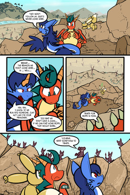 2_horns 4_panel_comic ambiguous_gender balloon balloon_with_face belly biped black_nose black_text blue_body blue_fur blue_hair blue_wings brown_body cheek_tuft claws cloud day detailed_background dialogue ellipsis eyebrows eyelashes facial_tuft fangs feathered_wings feathers feral finger_claws floating fur green_eyes group hair horn inflatable jewelry looking_at_another looking_up mountain mouth_closed open_mouth orange_body outside page_number pendant red_eyes river sharp_teeth sitting sky speech_bubble standing tail talking_to_another teeth text toe_claws tongue toony tuft water white_sclera wings virmir mythology renbrand roko_kirihoko saida canid canine couatl dragon feathered_scalie feathered_snake fox mammal mythological_creature mythological_scalie reptile scalie snake 2026 2:3 absurd_res comic english_text hi_res female_(lore) male_(lore)