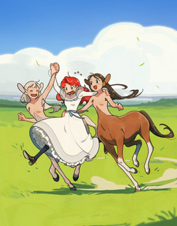 animal_ears breasts clothed clothed_female clothed_human clothing dress featureless_breasts female female_human female_taur footwear fully_clothed fully_clothed_female fully_clothed_human grass group hair hooves long_hair nude_taur outside plant quadruped red_hair shoes sky trio white_clothing white_dress carol_caocao european_mythology greek_mythology mythology centaur equid equid_taur human humanoid_taur mammal mammal_taur taur hi_res