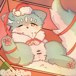 anus blush bound box censored_anus cheek_tuft chest_tuft christmas_clothing christmas_headwear clothing container detailed_background facial_tuft female feral fluffy fluffy_tail fur fur_markings genitals gift gift_box gift_wrapped green_body green_fur hands_tied hat headgear headwear holidays inner_ear_fluff looking_at_viewer markings multicolored_body multicolored_fur neck_tuft one_eye_closed open_mouth pawpads paws santa_hat solo spread_legs spreading tail tuft two_tone_body two_tone_fur vulva white_body white_fur chayedan christmas fabulous_beasts fenz_(studio) mythology maomaolei_(fabulous_beasts) canid canine mammal mythological_creature 1:1 absurd_res censored colored hi_res