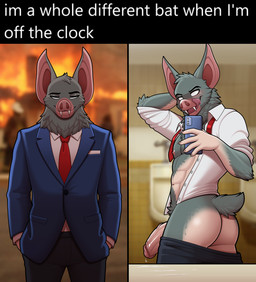 anthro bodily_fluids butt clothed clothing erection fur genital_fluids genitals glans grey_body grey_fur half-erect licking looking_at_viewer male nipples penis precum shaft_divide smile smiling_at_viewer solo text tongue vein veiny_penis conditional_dnp drako1997 dispatch domino's_employee_before_and_after sonar_(dispatch) bat mammal 2026 english_text hi_res meme