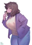 anthro big_breasts black_fingernails black_nails bottomwear breasts brown_hair chalk clothed clothing colored_nails denim denim_bottomwear denim_clothing female fingernails fully_clothed hair jacket jeans long_fingernails looking_at_viewer messy_hair nails non-mammal_breasts object_in_mouth oversized_clothing pants purple_body red_eyes solo thick_thighs topwear yellow_sclera aruurara deltarune undertale_(series) susie_(deltarune) humanoid reptile scalie hi_res