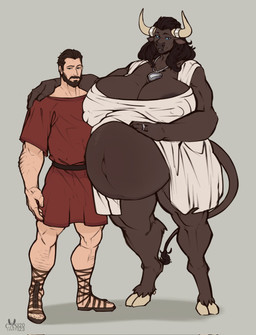anthro areola arm_around_shoulders beard belly big_belly big_breasts black_eyes black_hair blue_sclera breasts brown_body brown_fur calf_muscles cleavage clothed clothed_anthro clothed_female clothed_human clothed_male clothing collar digit_ring dress duo facial_hair female female_anthro female_on_human fur grey_background hair horn huge_breasts human_on_anthro husband_and_wife interspecies jewelry larger_female long_hair male male/female male_human male_on_anthro married_couple muscular muscular_anthro muscular_female muscular_male mustache navel necklace nipple_outline outie_navel pregnant pregnant_anthro pregnant_female red_clothing red_shirt red_topwear red_tunic ring sharp_horn shirt simple_background size_difference standing tail tail_tuft thick_thighs topwear tuft tunic wedding_ring white_clothing white_dress wide_hips casloafy european_mythology greek_mythology mythology nihea_avarta numerius_ignius_bubulcus bovid bovine cattle human mammal minotaur 2023 full-length_portrait hi_res portrait