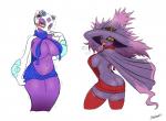 backwards_virgin_killer_sweater belt big_breasts blue_eyes blush bodily_fluids breasts breath brown_eyes butt cloak clothed clothing drooling duo female hat headgear headwear huge_breasts legwear looking_at_viewer navel not_furry open_mouth pokemorph purple_body purple_skin saliva side_boob simple_background smile sweat sweater text tongue tongue_out topwear virgin_killer_sweater white_background white_body yellow_sclera sleepingeel meme_clothing nintendo pokemon froslass generation_4_pokemon ghost humanoid mismagius pokemon_(species) spirit 2017 english_text hi_res meme signature