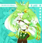 4_fingers anthro blue_eyes boots breasts clothing female fingers footwear fur green_body green_fur green_hair hair half-closed_eyes kemono long_hair multicolored_hair narrowed_eyes open_mouth open_smile shoes smile solo star text two_tone_hair gut0002 cyberconnect2 drecom full_bokko_heroes hati_(full_bokko_heroes) canid canine canis domestic_dog mammal english_text