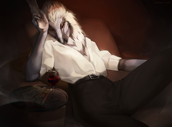 alcohol anthro beak belt beverage biped bottomwear claws clothed clothed_anthro clothed_female clothing container cup drinking_glass feathers female fingers front_view fully_clothed fully_clothed_anthro fully_clothed_female glass glass_container glass_cup looking_at_viewer pants shirt sitting solo topwear wine wine_glass mcrepsi vespara_(pandiwing) accipitrid accipitriform avian bearded_vulture bird old_world_vulture vulture 2026 digital_drawing_(artwork) digital_media_(artwork) hi_res
