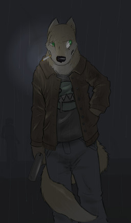 anthro black_nose bottomwear cigarette clothed clothing dark fur green_eyes group gun hand_in_pocket handgun holding_gun holding_object holding_ranged_weapon holding_weapon jacket looking_away male outside pants pistol pockets raining ranged_weapon shirt silhouette smoking solo_focus standing tail tan_body tan_fur topwear weapon syynx canid canine canis mammal undead wolf zombie 2010 hi_res