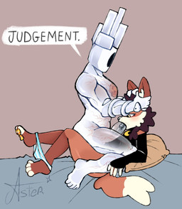 anthro bedroom_sex brown_hair clothed clothing duo femboy fur hair holding_both_ears male male/male muscular oral oral_penetration orange_body orange_fur panties panties_down partially_clothed pawpads penetration translucent underwear underwear_down starlit_aster new_blood_interactive ultrakill minos_prime_(ultrakill) canid canine fox humanoid mammal hi_res