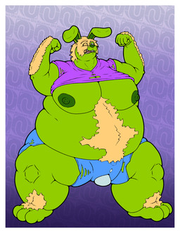 anthro arm_hair belly belly_hair big_breasts blonde_hair body_hair border bottomwear breasts buckteeth clothing erect_nipples flexing flexing_bicep fur green_body green_fur hair hair_over_eye hairy_legs huge_breasts nipples overweight shirt shirt_up shorts simple_background t-shirt teeth topwear torn_clothing white_border yellow_eyes nenanauso lagomorph leporid mammal rabbit digital_drawing_(artwork) digital_media_(artwork) flat_colors