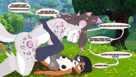 :3 accessory anthro anvil_position arm_markings arm_tuft barefoot beanie beanie_only bent_legs black_nipples blue_body blue_fur breasts brown_hair cat_tail cheek_tuft claws clothing dialogue digitigrade duo emoji eye_contact eye_markings eyebrows eyelashes facial_markings facial_tuft feet feline_ears female fluffy fluffy_tail from_front_position fur genitals glowing glowing_eyes gold_piercing grass hair hand_markings hand_on_hip hat hat_only head_markings headgear headgear_only headwear headwear_only highlights_(coloring) holding_another implied_orgasm inner_ear_fluff kneeling kneeling_sex leg_markings leg_tuft legs_up long_eyelashes looking_at_another lying male male/female markings mating_press medium_breasts mostly_nude multicolored_body multicolored_fur multicolored_hair multicolored_tail nipple_piercing nipples nude nya on_back on_ground open_mouth orange_body orange_fur penetration penile penile_penetration penis penis_in_vagina piercing pink_eyes pink_highlights pink_nose plant position_request pupils raised_eyebrows rock screencap screencap_background sex shoulder_tuft side_view smile smiling_at_another smiling_at_each_other smiling_at_partner smug smug_face speech_bubble spots spotted_body spotted_markings tail talking_to_another talking_to_partner teeth text toe_claws tree tuft two_tone_body two_tone_fur two_tone_hair vaginal vaginal_penetration video_game_reference white_body white_fur white_pupils womb_tattoo yellow_eyes cereshinu epic_games fortnite meow_skulls shinu_(cereshinu) calico_cat celestial_being deity domestic_cat felid feline felis mammal pantherine snow_leopard 7:4 english_text hi_res meme shaded