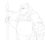 anthro belly gladiator male moobs navel nipples overweight overweight_male shield simple_background solo warrior weapon white_background harushipanda canid canine canis mammal wolf 2021 hi_res sketch