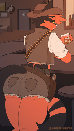 alcohol anthro beverage big_butt black_body black_fur bottomwear butt clothing cowboy cowboy_hat female fur furgonomics gun hat headgear headwear ranged_weapon rear_view red_body red_fur shorts solo tail tavern thick_thighs weapon inkyslinky nintendo pokemon carmen_(abadmemexd1) generation_7_pokemon pokemon_(species) torracat absurd_res hi_res