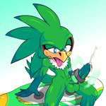 accessory anthro balls beak big_penis bodily_fluids chest_tuft cock_ring cum cumshot ejaculation energy erection feathers foreskin genital_fluids genitals green_body green_feathers half-closed_eyes hands-free hoverboard humanoid_genitalia humanoid_penis jewelry looking_pleasured male markings narrowed_eyes nipples nude penis penis_accessory penis_jewelry sitting solo tail tongue tongue_out tuft vein veiny_penis rakkan sega sonic_riders sonic_the_hedgehog_(series) jet_the_hawk accipitrid accipitriform avian bird hi_res