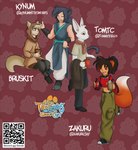 anthro biped bottle container cup dialogue eyes_closed female group holding_bottle holding_container holding_cup holding_mug holding_object male mug qr_code sitting standing unknown_artist twokinds bruskit_(bruskit) dr_rabbit_(tomtc) fan_character jaya_(zakurujay) kynum_(kynum) canid canine fox human hybrid lagomorph leporid mammal rabbit red_fox true_fox 2021 absurd_res hi_res