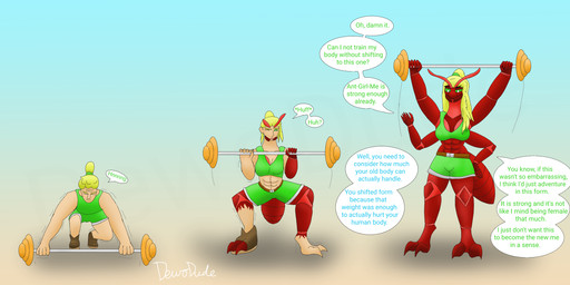 anthro arthropod_abdomen blonde_hair clothing dialogue exercise exercise_clothing female gender_transformation green_clothing green_eyes growth hair male mandibles mtf_transformation muscle_growth muscular muscular_female ponytail red_body solo speech_bubble text transformation transformation_sequence workout workout_clothing workout_equipment dewodude ant arthropod human hymenopteran insect mammal english_text hi_res
