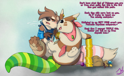 3_toes abstract_background anthro armwear biped blue_armwear blue_clothing blue_kerchief blue_neckerchief blush brown_body brown_fur clothed clothing coin ear_piercing ear_ring ejaculation erection eyewear feet financial_domination foot_fetish fur furgonomics gem genitals glasses gold_(metal) kerchief male male/male multicolored_body multicolored_fur neckerchief neckwear nylon open_mouth open_smile orgasm penis piercing pink_kerchief pink_neckerchief ring_piercing sharp_teeth simple_background smile striped_body striped_fur striped_tailwear stripes tail tail_clothing tan_body tan_fur teeth text toes stormdragonblue nintendo pokemon fan_character kiaku mao_otter furret generation_2_pokemon mammal mustelid otter pokemon_(species) 2025 digital_media_(artwork) english_text hi_res