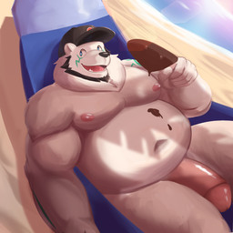 anthro belly big_belly black_nose genitals humanoid_genitalia humanoid_hands humanoid_penis lying male moobs navel nipples outside overweight overweight_male penis solo sun white_body korouxus bear mammal polar_bear ursine 1:1 2022 hi_res
