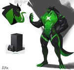 anthro anthrofied black_body claws electronics game_console hand_on_hip long_tongue male muscular muscular_anthro muscular_male solo synthetic text tongue tongue_out cxcxxcxxxx microsoft xbox xbox_game_studios xbox_series_x xbox_series_x/s 2022 absurd_res digital_media_(artwork) hi_res