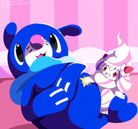 ambiguous_gender anthro belly belly_slap black_eyes blue_body duo fangs feral food fruit gesture hand_gesture looking_at_viewer markings obese obese_feral open_mouth overweight overweight_feral pink_eyes plant size_difference slap strawberry tail teeth thumbs_up whisker_markings white_body sleepy_sealion nintendo pokemon alcremie food_creature generation_7_pokemon generation_8_pokemon pokemon_(species) popplio 2026 absurd_res dated hi_res signature