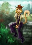 anthro blonde_hair blue_eyes clothed clothing fantasy female food france french fruit hair long_tail plant retro sitting smile solo strawberry tail town fennefox domestic_cat felid feline felis mammal absurd_res hi_res