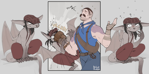 3_panel_comic all_fours ambiguous_gender anthro bruised clothed clothed_ambiguous clothed_anthro clothed_male clothing confusion crouching face_punch facial_hair male motion_blur mustache punch question_mark simple_background sitting suspenders_on_nipples text violence wings arbuzbudesh deadlock_(game) valve valve_corporation ivy_(deadlock) jacob_lash gargoyle human mammal 2024 comic hi_res female_(lore)