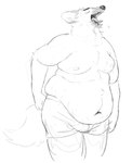 anthro areola belly belly_overhang big_belly bottomwear clothed clothing eyes_closed male moobs navel open_mouth overweight overweight_anthro overweight_male pants pants_only scratching_butt scratching_self solo standing tail topless yawn cettus leggy_(cettus) canid canine mammal maned_wolf 2021 monochrome sketch