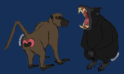 ambiguous_gender black_body black_fur brown_body brown_fur duo fangs feral fur open_mouth orange_eyes pink_tongue plantigrade simple_background sitting snout standing tail teeth tongue transparent_background yawn dreadianz baboon celebes_crested_macaque chacma_baboon haplorhine macaque mammal monkey old_world_monkey primate 2021 alpha_channel colored_sketch dated digital_drawing_(artwork) digital_media_(artwork) flat_colors sketch