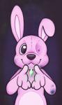 1_eye ambiguous_gender anthro black_nose dirt dirty fur gem glowing_gem levitating_object long_ears looking_at_viewer male missing_eye pink_body pink_fur plushie smile solo stitch_(sewing) white_body white_fur cuteosphere lagomorph leporid mammal rabbit