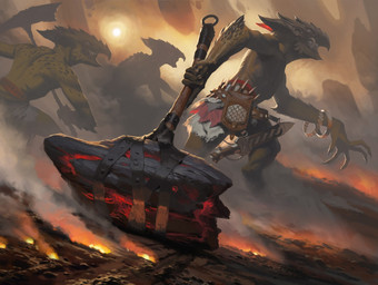 bracelet claws fire green_body group hammer jewelry macro male melee_weapon not_furry outside scabbard sky sun sword tools weapon joseph_meehan hasbro magic:_the_gathering goblin humanoid hi_res official_art