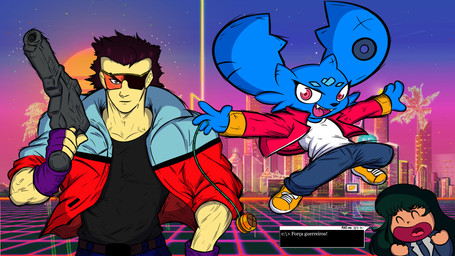 anthro blue_body blue_fur bottomwear clothing denim denim_bottomwear denim_clothing eyewear female fur goggles group gun jacket jeans male muscular muscular_male pants ranged_weapon red_eyes synthwave text topwear trio weapon yo-yo young jhussethy mullet_madjack pipistrello_and_the_cursed_yoyo jack_banhammer pippit_(character) bat human mammal 16:9 hi_res portuguese_text widescreen