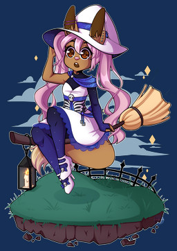 anthro anthrofied biped bone broom brown_body brown_eyes brown_fur candle cleaning_tool clothed clothing cloud dipstick_tail dress ear_piercing female fence fingerless_gloves fire floating floating_island footwear fur gloves grass hair handwear hat headgear headwear high_heels lamp lantern legwear magic_user markings multicolored_tail piercing pigtails pink_hair plant pokemorph shoes skull solo sparkles stockings tail tail_markings white_body white_fur witch lunaofwater nintendo pokemon ling_angrec_arktandr eevee generation_1_pokemon pokemon_(species) 2017 absurd_res alpha_channel digital_media_(artwork) hi_res