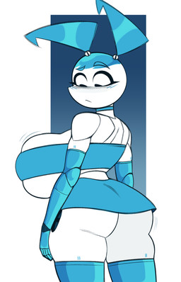 big_breasts blue_body bottomwear breasts butt clothed clothing female fingers huge_breasts machine miniskirt no_underwear not_furry skirt solo white_body zetaskully my_life_as_a_teenage_robot nickelodeon jenny_wakeman android robot 2022 hi_res