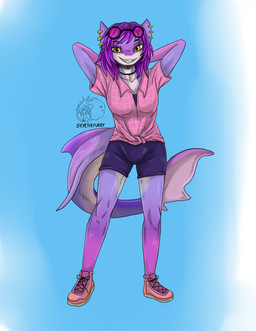 anthro clothing ear_piercing eyewear female glasses hair open_mouth piercing pink_body pink_hair purple_body shark_tail solo yellow_eyes allartskye hailina aquatic fish shark hi_res