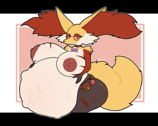 anthro areola baby_bump belly big_belly big_breasts big_butt breasts butt choker dark_nipples eyewear female female_anthro fetal_movement fur glasses huge_belly huge_breasts huge_butt huge_hips huge_thighs hyper hyper_belly hyper_pregnancy inner inner_ear_fluff jewelry looking_at_viewer narrowed_eyes necklace nipples nude potion potion_bottle pregnant pregnant_anthro pregnant_female seductive simple_background solo tail thick_thighs tuft wide_hips yellow_body yellow_fur alyaska2201 nintendo pokemon ella_(bluedoggie) fan_character canid canine delphox generation_6_pokemon mammal pokemon_(species) 2025 digital_media_(artwork) hi_res