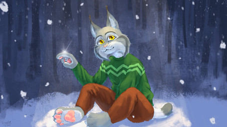 anthro bottomwear brown_bottomwear brown_clothing brown_pants clothing forest fur green_clothing green_shirt green_topwear grey_body grey_fur grey_pattern grey_tail highlights_(coloring) long_pants looking_at_viewer male markings multicolored_body multicolored_fur outside pants pattern_clothing pattern_sweater pattern_topwear pawpads paws pink_nose plant shirt short_tail sitting smile smiling_at_viewer snow snowing solo sweater tail topwear tree whisker_markings whiskers white_whiskers yellow_eyes crispyfox disney zootopia pawbert_lynxley canada_lynx felid feline lynx mammal 16:9 4k absurd_res digital_media_(artwork) digital_painting_(artwork) hi_res painting_(artwork) wallpaper widescreen