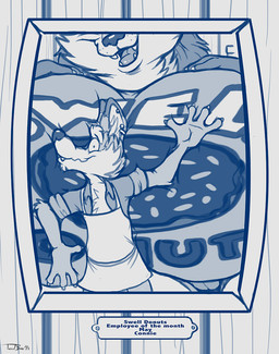 4_fingers against_surface anthro apron big_breasts biped breasts claws closed_smile clothed clothed_anthro clothed_male clothing countershade_fur countershading dipstick_ears duo ear_markings ear_piercing ear_ring ear_stud employee_of_the_month eyebrows fangs female female_anthro finger_claws fingers fur hair hand_on_another's_breast hands_on_own_breasts huge_breasts hyper hyper_breasts larger_anthro larger_female long_hair looking_at_viewer male male_anthro markings mouth_closed multicolored_body multicolored_ears multicolored_fur open_mouth open_smile photo picture_frame piercing print_clothing print_shirt print_topwear ring_piercing rolled_up_sleeves shirt size_difference smaller_anthro smaller_male smile smiling_at_viewer standing teeth text text_on_clothing text_on_shirt text_on_topwear tongue toony topwear wall_(structure) whisker_spots wood wood_wall teaselbone swell_donuts connie_(bennie_tiger) teaselbone_(character) canid canine canis mammal procyonid raccoon wolf 2023 blue_and_white character_name digital_drawing_(artwork) digital_media_(artwork) english_text monochrome signature