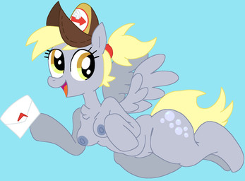 anthro areola blonde_hair blue_background breasts clothing cutie_mark eyelashes feathered_wings feathers female front_view fur genitals grey_areola grey_body grey_feathers grey_fur grey_nipples hair hat hat_only headgear headgear_only headwear headwear_only holding_mail looking_at_viewer medium_breasts mostly_nude nipples open_mouth open_smile ponytail simple_background smile solo tail thick_thighs vulva wide_hips wings yellow_eyes yellow_tail mschaox6 friendship_is_magic hasbro my_little_pony mythology derpy_hooves_(mlp) equid equine mammal mythological_creature mythological_equine pegasus hi_res