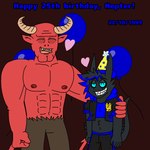 balloon birthday birthday_gift clothing duo hat headgear headwear inflatable male muscular muscular_male party_hat smile smiling_at_another huskyblue42 supermariofann1 nepter_hallows_(huskyblue42) satan demon humanoid satyr 1:1 2024