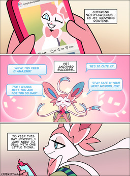 anthro anthrofied blue_body blue_eyes blue_fur cellphone electronics fur harmony_scarf male phone pink_body pink_ears pink_fur pink_nose pokemorph smartphone smile solo text white_body white_fur odeko-yma nintendo pokemon pokemon_mystery_dungeon spike_chunsoft pix_(odeko-yma) eeveelution generation_4_pokemon generation_6_pokemon pokemon_(species) rotom rotom_phone sylveon absurd_res comic english_text hi_res