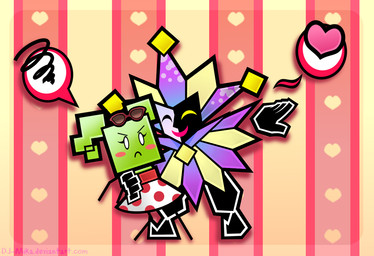 5_fingers ^_^ black_bottomwear black_clothing black_footwear black_pants black_shoes blush blush_stickers bottomwear clothing duo eyelashes eyes_closed eyewear eyewear_on_head featureless_hands featureless_legs female female_humanoid fingers floating_hands footwear frown green_body green_hair green_skin hair hand_on_another's_hip hand_on_hip heart_symbol looking_at_another male male_humanoid not_furry open_mouth open_smile pants pattern_background pigtails pink_blush pink_heart red_eyewear red_sunglasses simple_background smile speech_bubble square_(anatomy) square_head sunglasses sunglasses_on_head text white_eyes dj-mika mario_bros nintendo paper_mario dimentio mimi_(paper_mario) humanoid 2014 artist_name digital_media_(artwork) url watermark