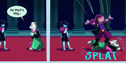 3_toes anthro armor barefoot blue_body boots bracelet cape clothing dialogue duo eyes_closed eyewear fangs feet female footwear freckled_face freckles fur glasses group hair hair_over_eyes head_tuft horn humor jacket jewelry jumping_on_another long_ears lying lying_on_ground male on_front on_ground pawpads pillar purple_body purple_hair red_carpet robe scarf shirt shoes smile speech_bubble spiked_bracelet spikes standing standing_on_another teeth text toes topwear trio tuft tunic white_body white_fur lynxgriffin deltarune undertale_(series) kris_dreemurr ralsei susie_(deltarune) bovid caprine darkner goat human mammal reptile scalie comic dated shaded